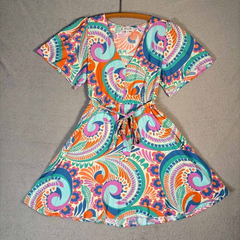 Molly Bracken Mini Dress Women's Size M Abstract Print‎ Short Belted Waist Boho